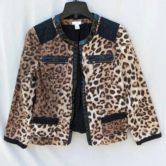 Chico's Women's Matilda Cheetah Print‎ Cotton Blazer Size 1 Faux Leather - Picture 1 of 13